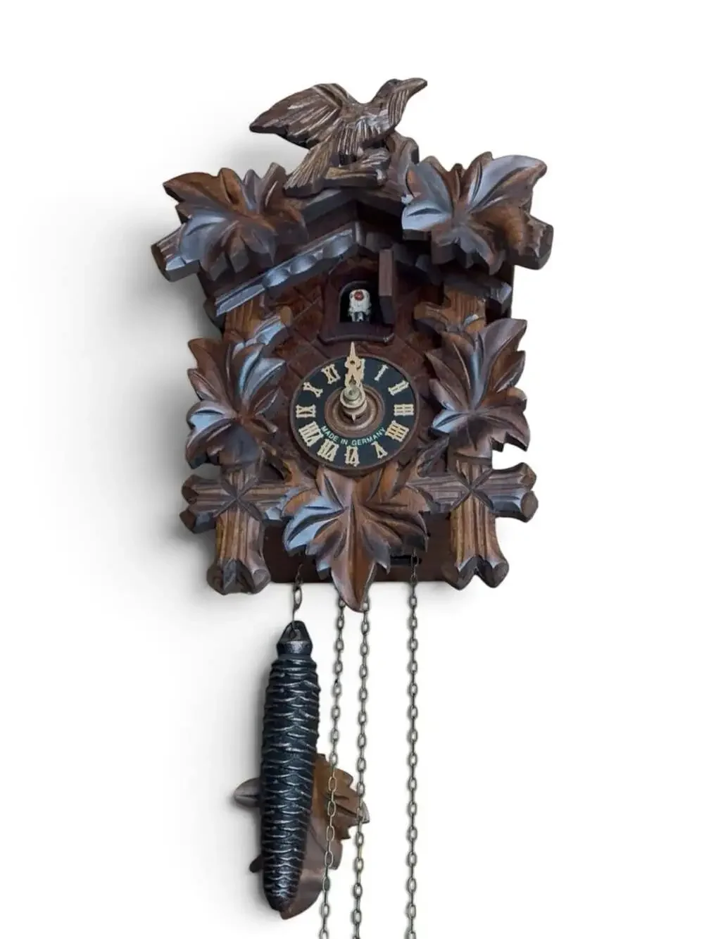 Black Forest Cuckoo Clock Hand Carved 5 Leaves and Bird Made in Germany VdS